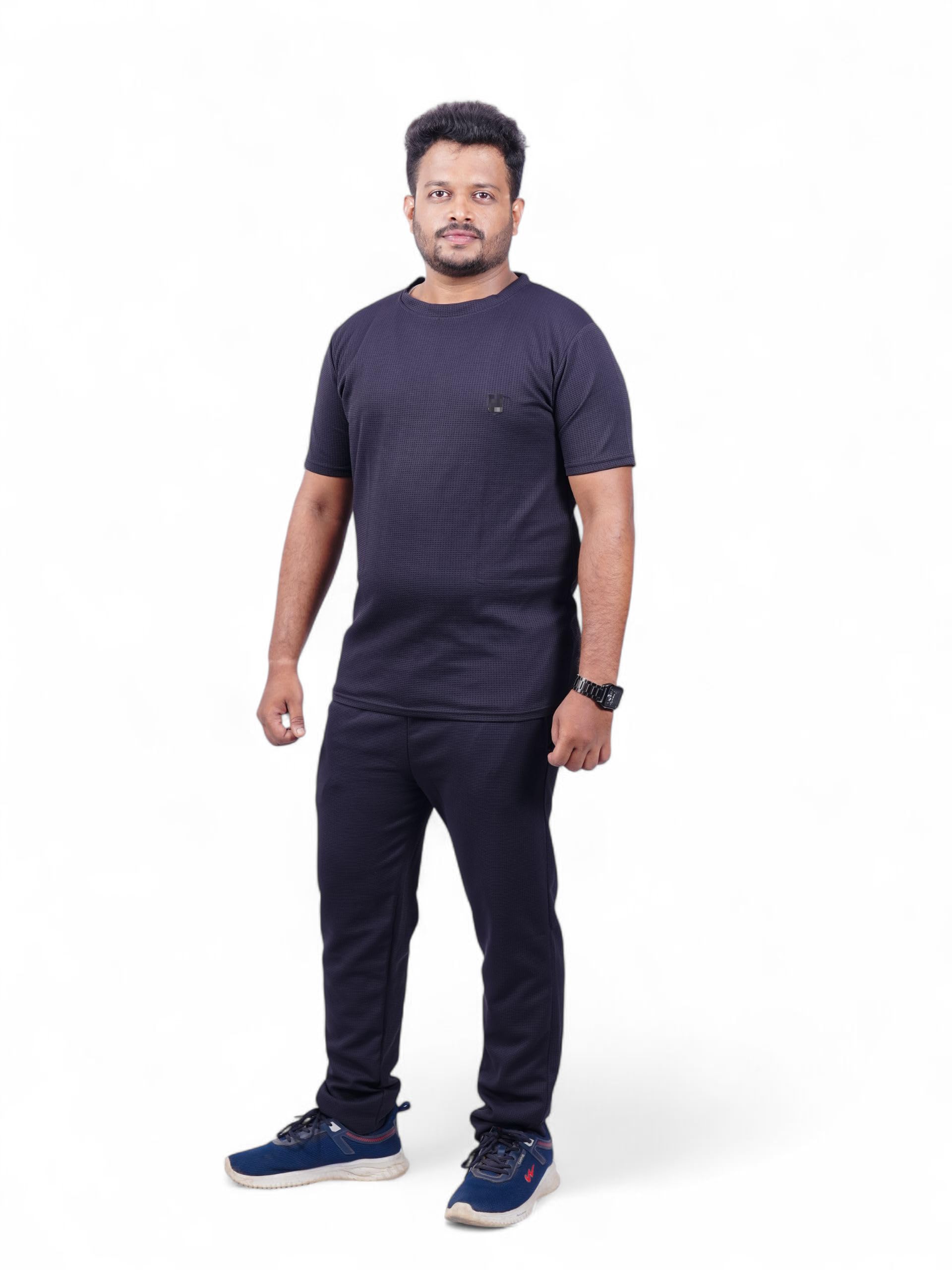Men’s Black Lycra T-Shirt & Track Pants Set | Stretchable Activewear Combo | Half Sleeve Round Neck Tee with Elastic Waist Joggers | Gym Wear, Sportswear & Casual Outfit-image-9
