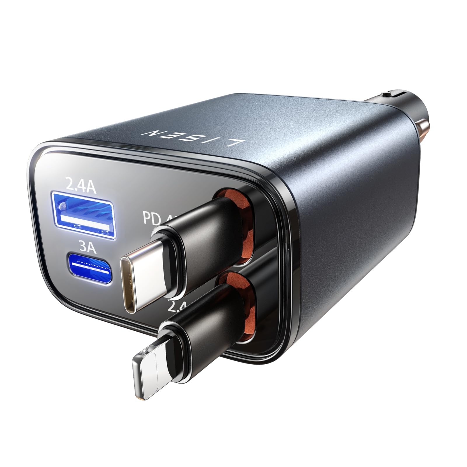 LISEN 84Wシガーソケット usb c 車 充電器【巻き取り式・タイプc 2本・2026最小4in1設計】しがーソケット usb 急速充電 80cm ケーブルC カーチャージャー PD3.1/QC3.0/PPS対応 車12V/24V対応 カー用品 便利グッズ 車内 iPhone 17 e 16 15・Switch2・iPad・AirPods・USB-C端末全対応 父の日ギフト プレゼント