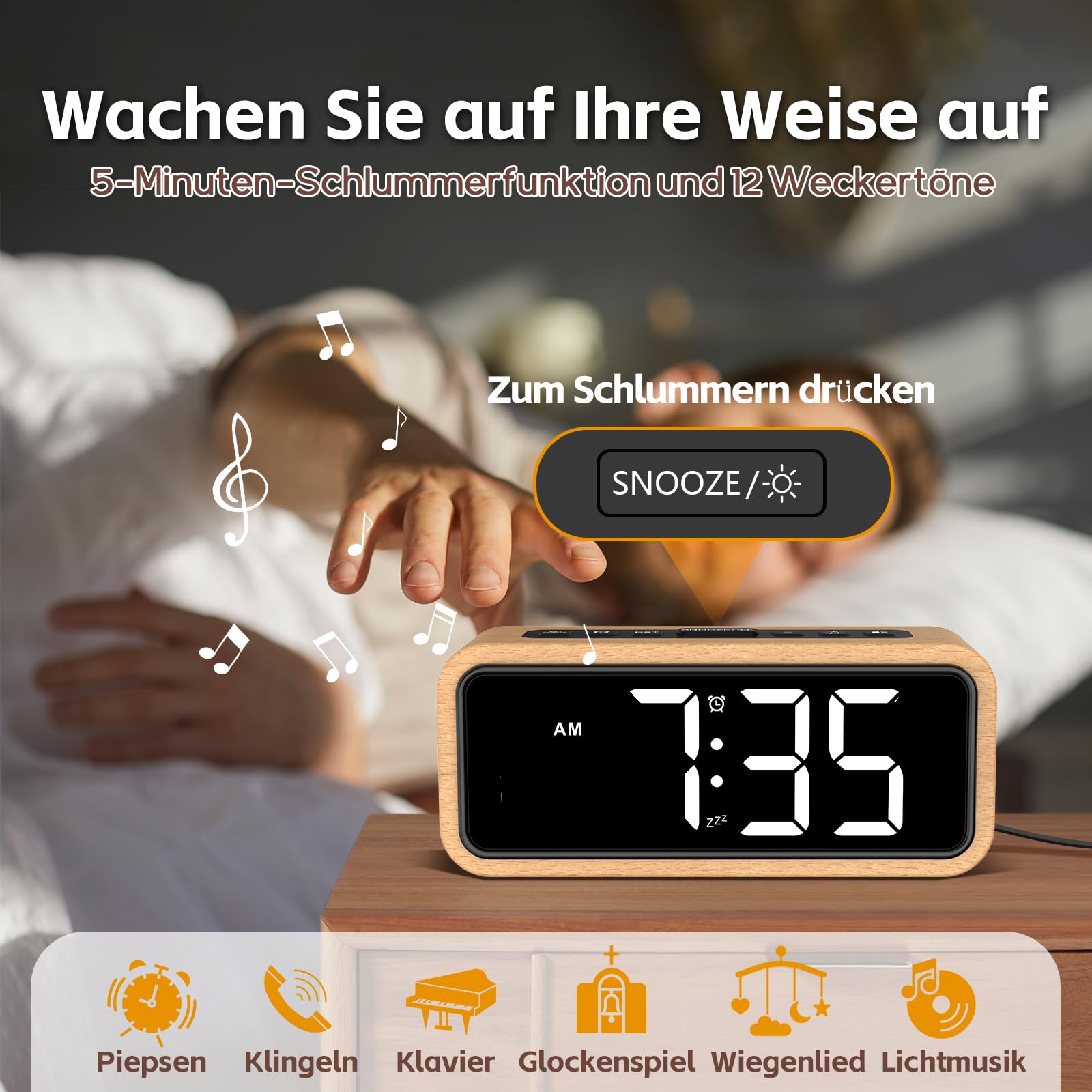 Despertador fuerte para dormir profundo, reloj despertador de madera con pantalla LED, 12 tonos de alarma, 5 niveles de brillo ajustables, 5 volúmenes, DST manual, despertador retro para dormitorio
