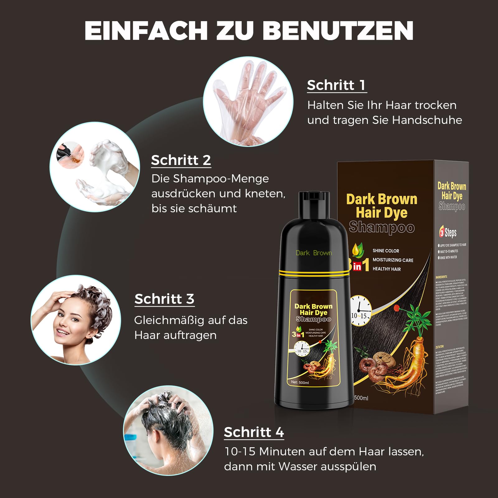 Shampoo colorante per capelli castano scuro, shampoo tinto per capelli | Shampoo colorante per capelli per uomini e donne (marrone scuro)