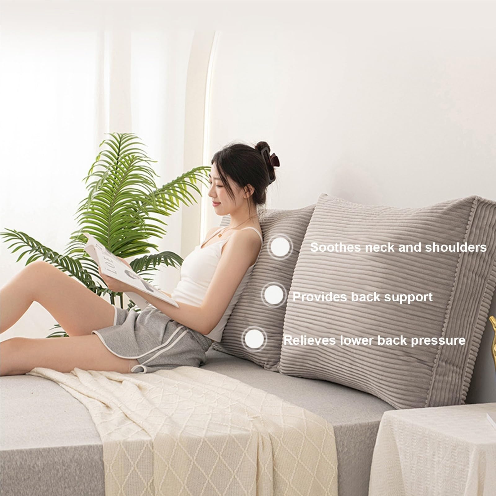 NEPHRA Respaldo Cama y Sofá, Cojín de Lectura para Cama, Cojines Grandes con Cubierta Renovable, Extra Grueso, Antideslizante, Algodón PP, para Relajarse y Leer(Light Gray,70x55x18 cm 1pc)