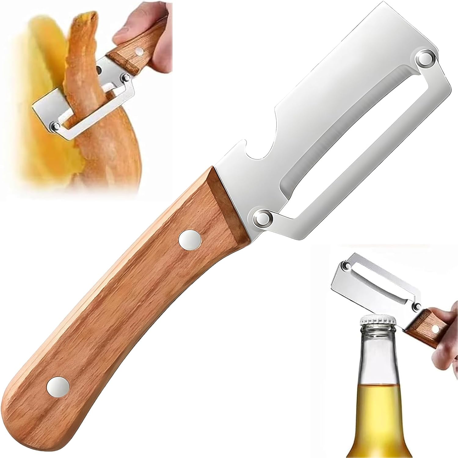 NEW Premium Vegetable Peeler with Wooden Handle and Bottle Opener: 2-in-1 Stainless Steel Kitchen Tool for Fruit Apple Potato Pumpkin Papaya (1Pack)