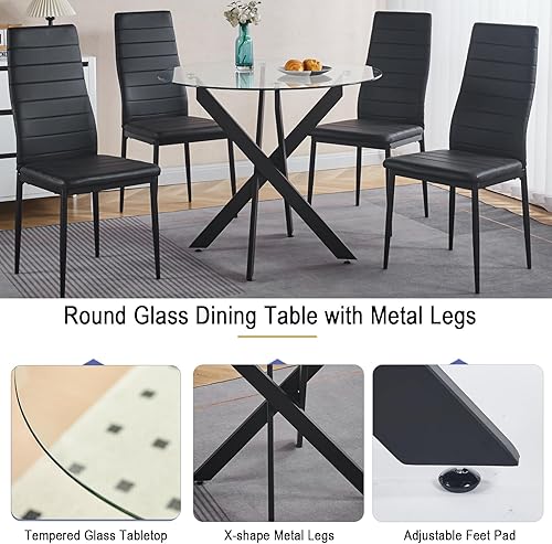 Miniatura 6 de Mesa de comedor redonda de vidrio de 36 pulgadas para 2-4 personas, patas de metal negro resistentes, mesa de cocina redonda de vidrio para