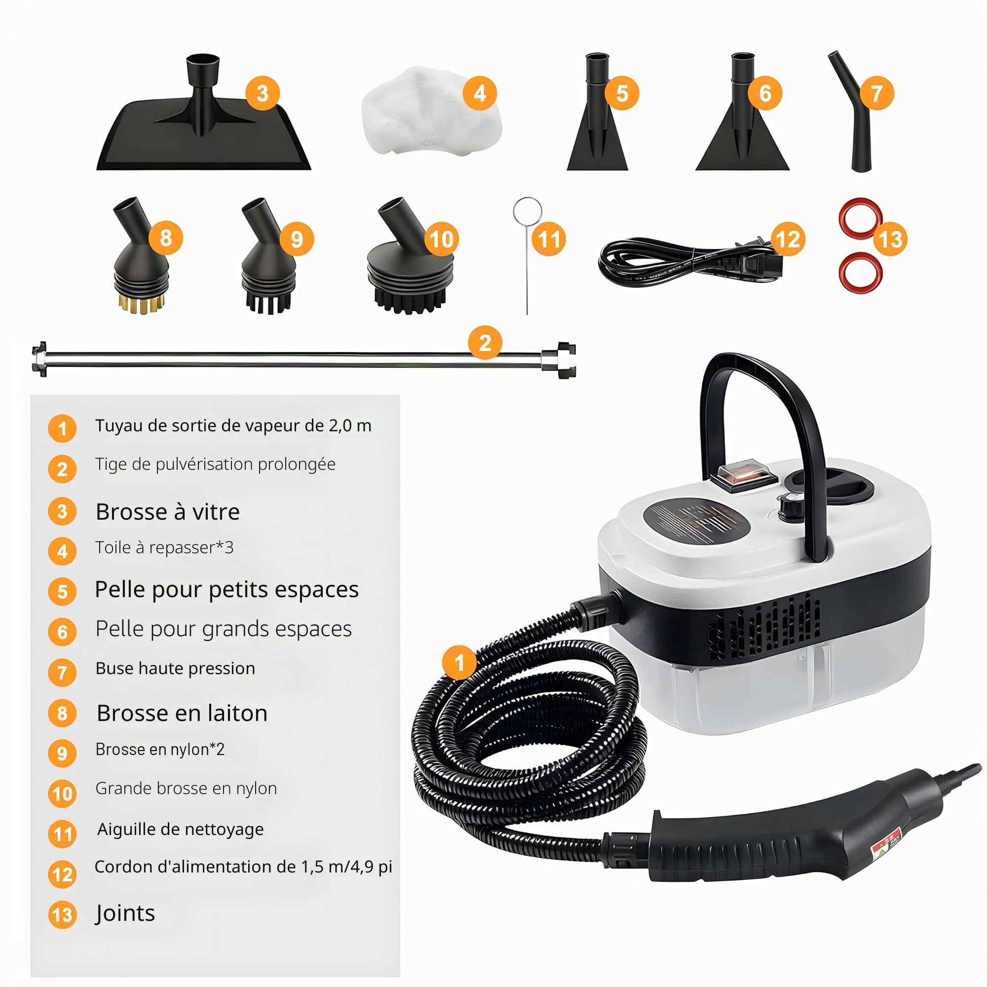 Nettoyeur à vapeur manuel 6 niveaux réglables, chauffe 10–15s, réservoir 1,2 L, 15 accessoires, nettoyeur haute pression sans chimie cuisine salle de bains sols voitures vitres