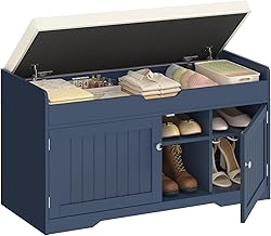 TEENFON Shoe Bench with Storage and Padded Seat, Bench with Door and Adjustable Shelves, Ideal for Entryway and Bedroom, 92 x 35 x 50 cm, Blue
