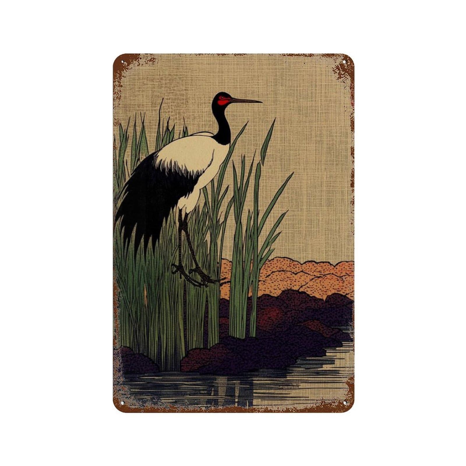 xiaoxiaoshen Japanese Crane Ukiyo E Style Bird Asian Nature Minimalist Botanical Wildlife Wall Decor Art Metal Tin Poster Modern Home Decor Art Home Bar Shop Decorations Vintage Sign 30x20cm