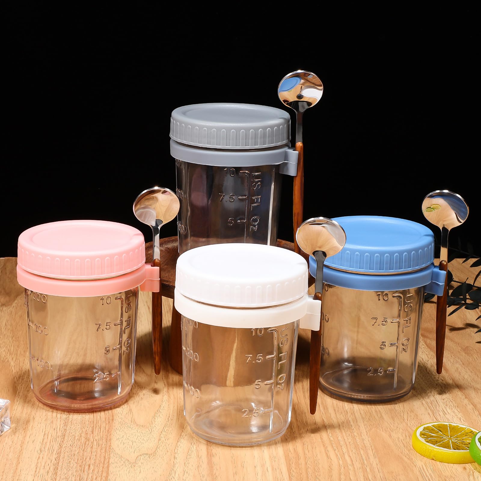 Beaupretty 4 Stück Vorratsglas mit Deckel und Löffel 400ml aus Glas und Silikon Luftdicht und Praktisch für Küche und Büro Stilvoll und Einfach zu Halten