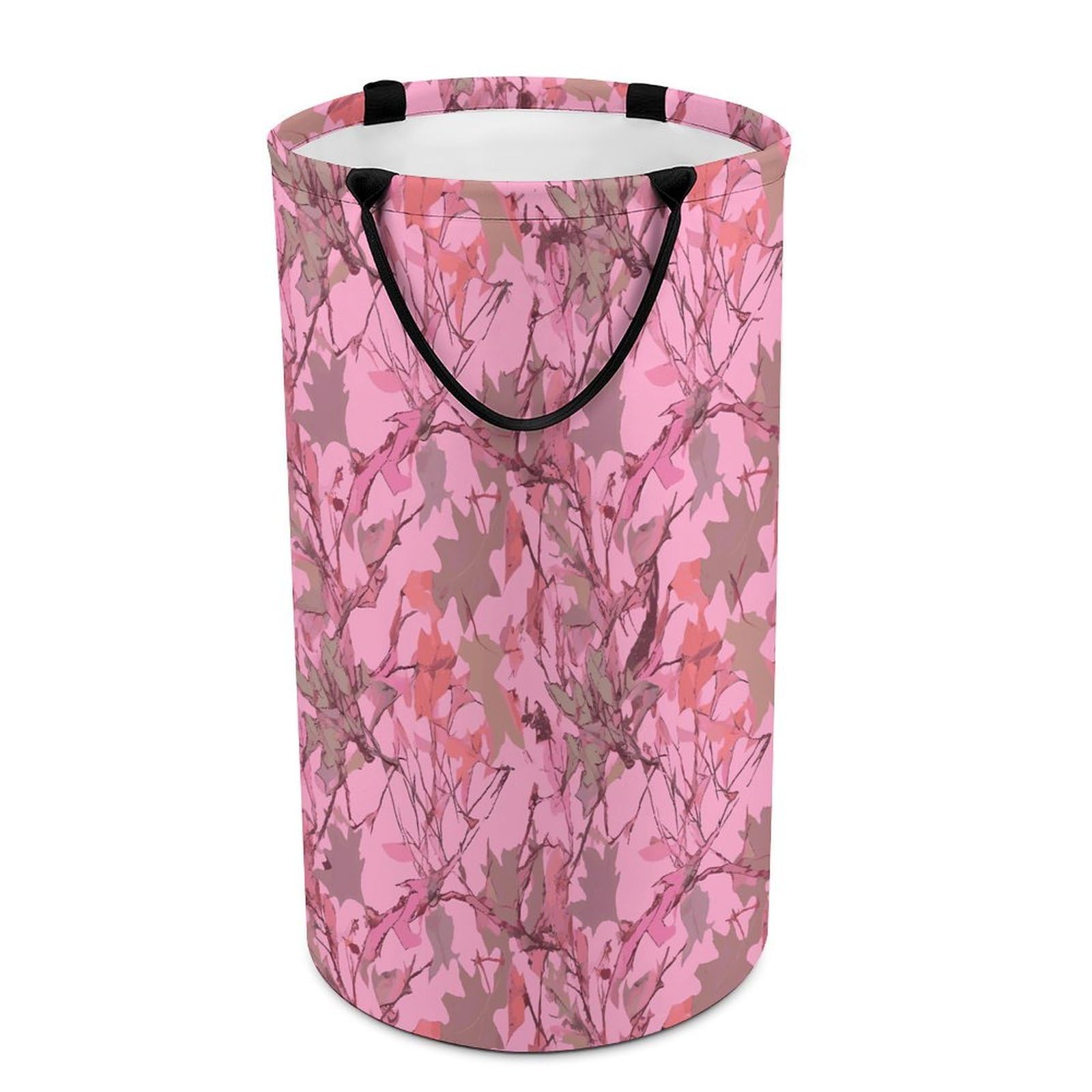 Pink Leaves Camo Laundry Hamper Waterproof Polyester Laundry Baskets Collapsible Dirty Clothes Storage Basket Clothes Hampers with Sturdy Handles for Travel Bedroom