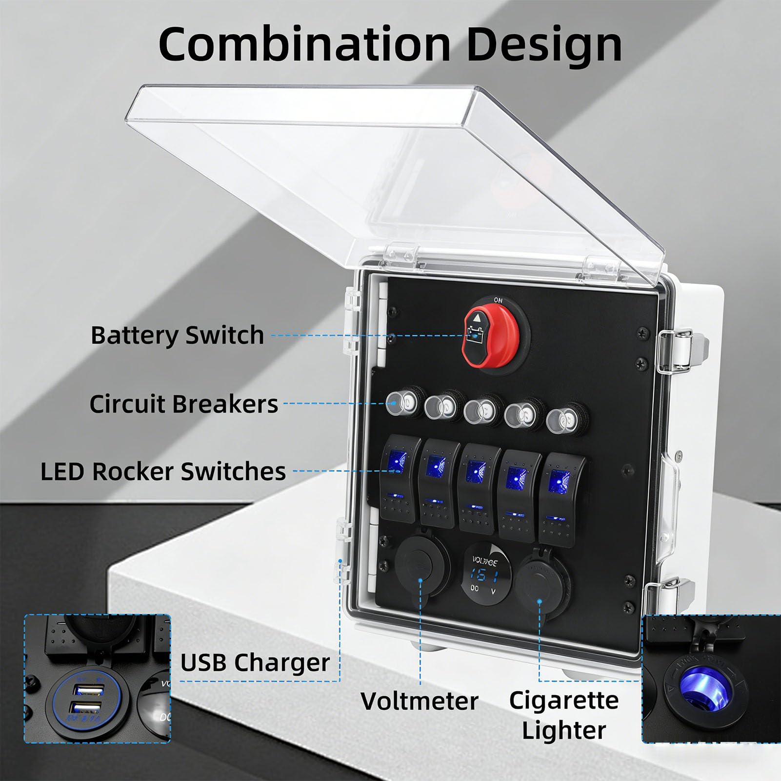 Caja de interruptor basculante con enchufe, panel de interruptor basculante impermeable con cargador USB PD, voltímetro LED, enchufe para encendedor de cigarrillos, instalación simplificada