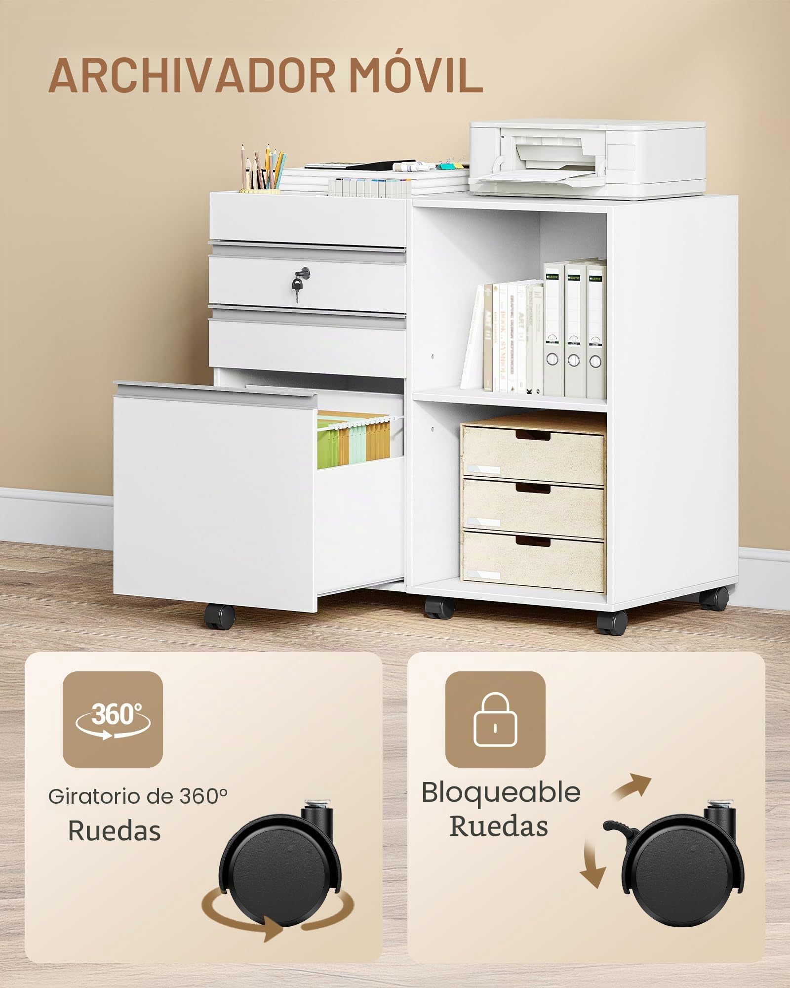 Hzuaneri Cajonera Escritorio, Archivador Móvil con Ruedas, 3 Cajones, 2 Estantes Ajustables, para Estudio, Oficina, Blanco FC42003X