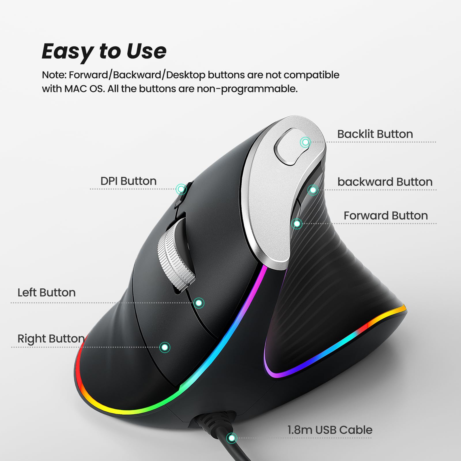Nulea Mouse verticale cablato M504, mouse ottico ergonomico USB cablato con 4 DPI regolabili, 11 modalità di retroilluminazione RGB, compatibile per laptop, PC, desktop, Mac, nero