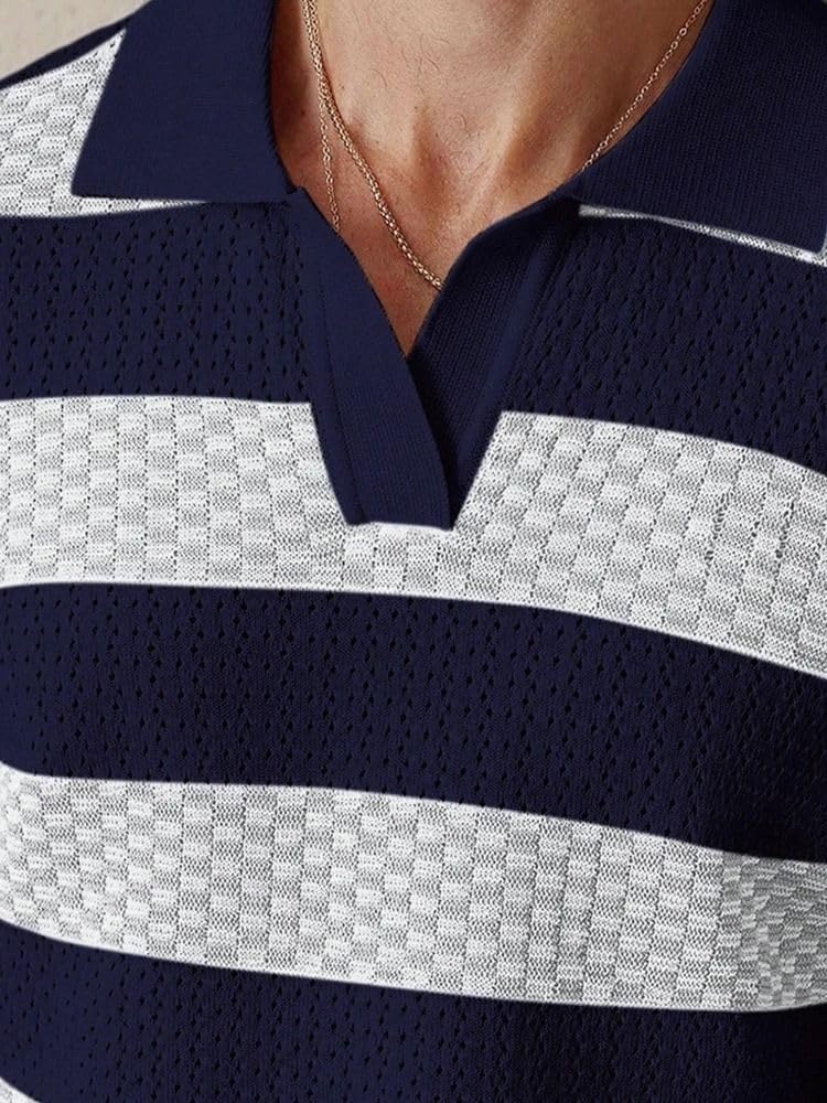 MORISTE Camicia Uomo a Righe Contrastanti Lavorata a Maglia, Colletto rivoltato Manica Corta Casual Top