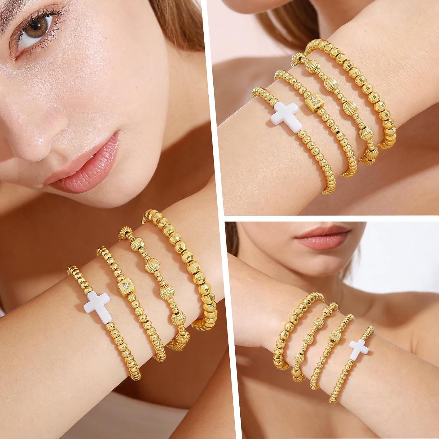 Gold Silver Bracelets for Women,Stackable Bead Ball Bracelets 14K Gold Plated Beaded Bracelet Adjustable Elastic Jewelry - Image 4