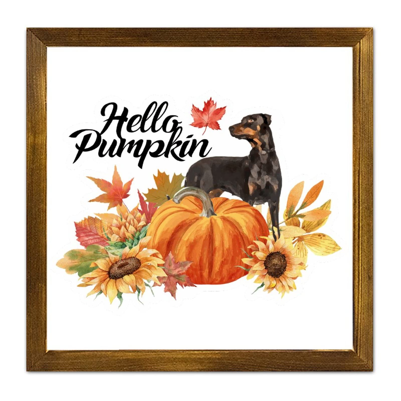 Cadre bois Hello Pumpkin Flower Dog pour decoration ferme et cuisine