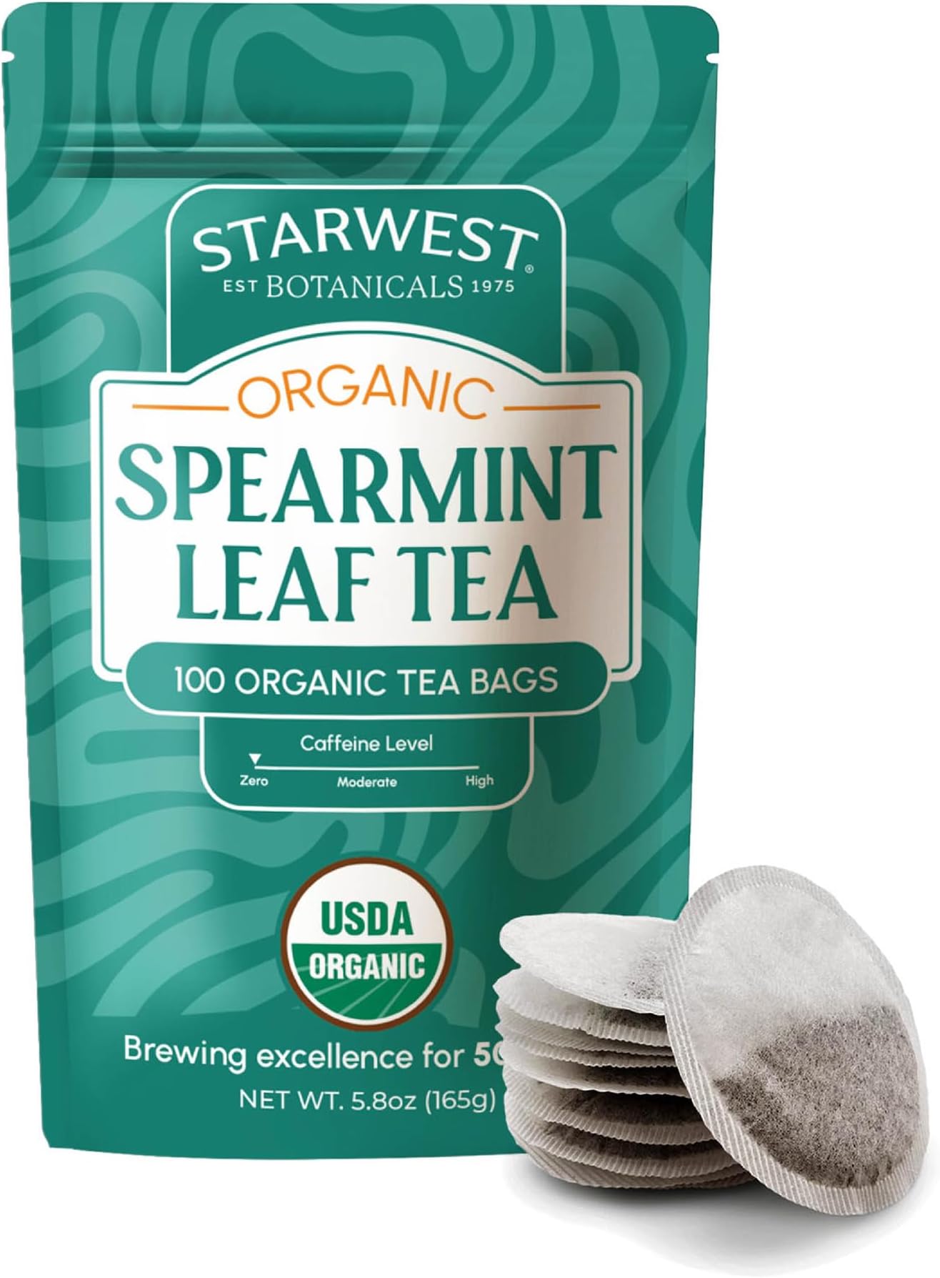 Organic Spearmint Leaf Tea - Caffeine Free Herbal Tea, USDA Organic Spearmint Leaf, String Free Sachets, Non GMO - Bulk Pack, 100 Bags