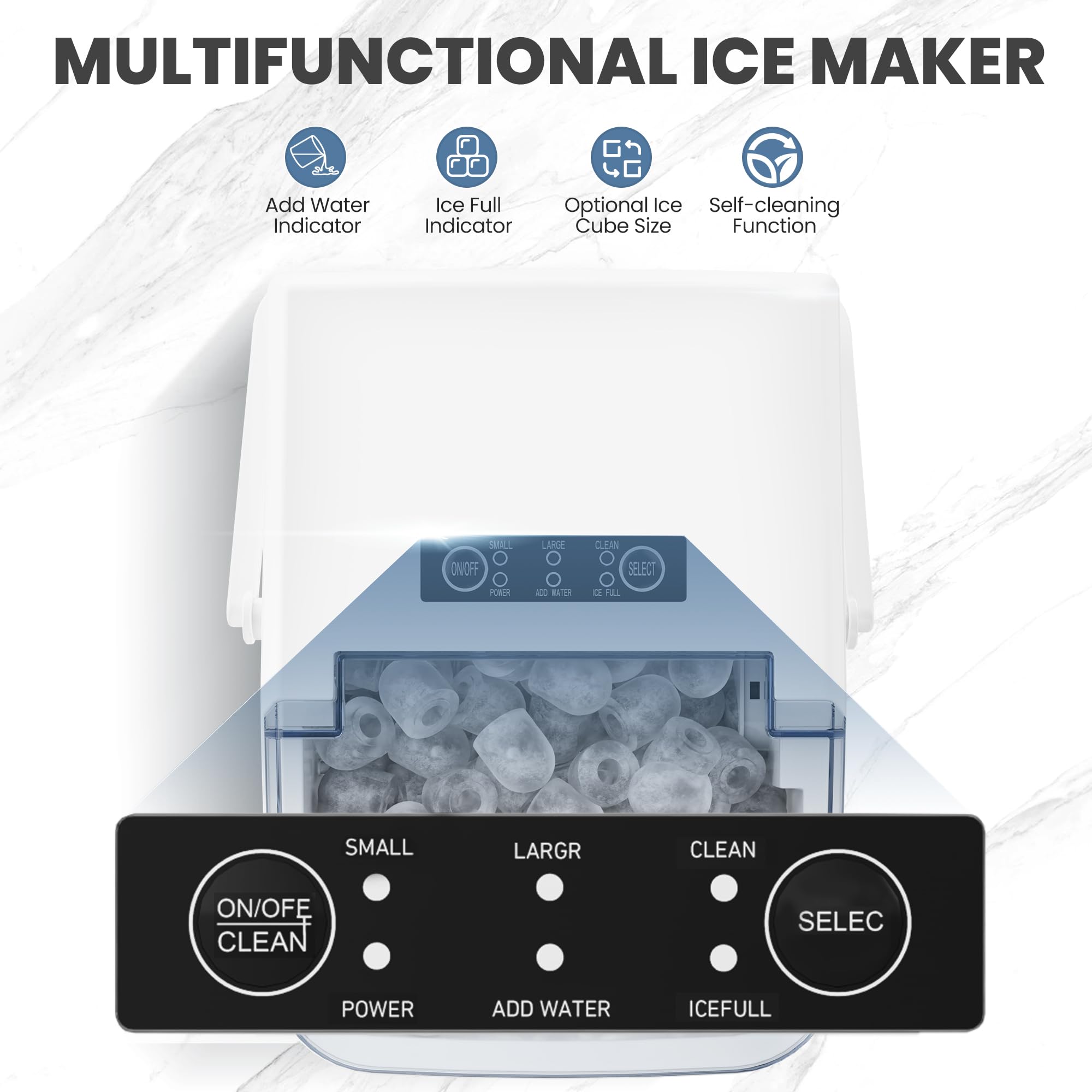 Dumos Countertop Ice Maker With Handle, 26lbs/24h Portable Ice Machine, 9 Bullet Ice Cubes Ready In 6 Mins, Self-Cleaning, Quiet Compact Ice Maker For Home, Kitchen, RV, Camping, White on Fridge.com - View 4
