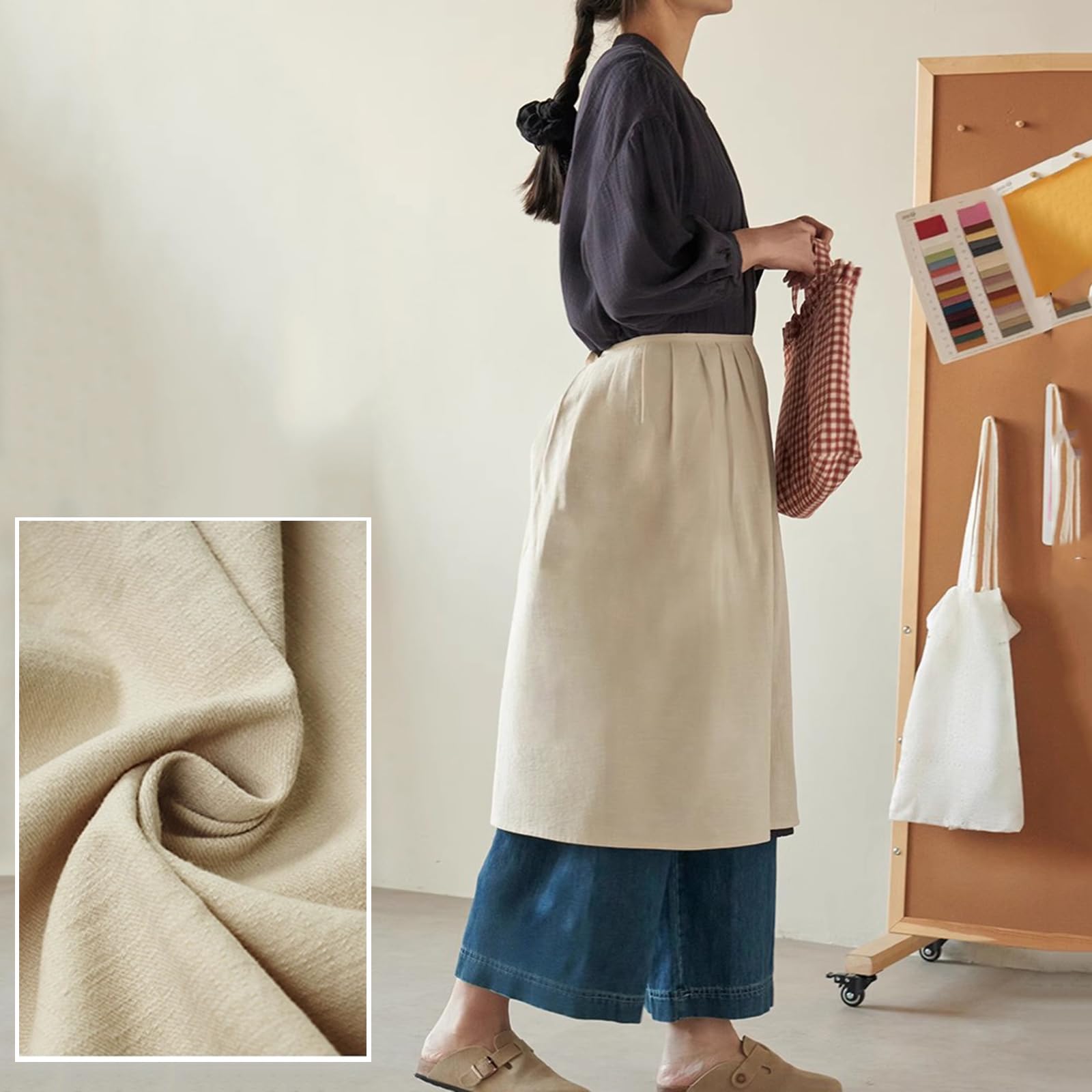 Delantal Cocina Mujer Algodón Delantal Camarero Largo para Niña Y Mujer, Cocina, Restaurante, BistróBeige,One Size