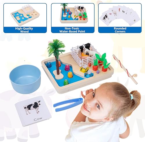 Miniatura 3 de Adena Montessori Juguetes de animales de granja, juego de pesca juego de figuras de granja de plástico que incluye cerca, animales de granja,