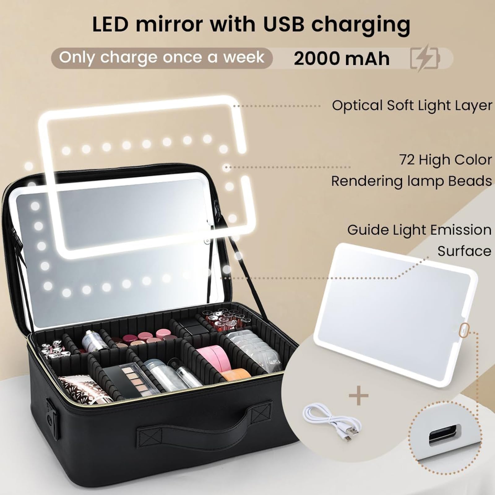 Bolsa de maquillaje de viaje con espejo, estuche organizador de maquillaje con compartimento ajustable, Black, Large Szie