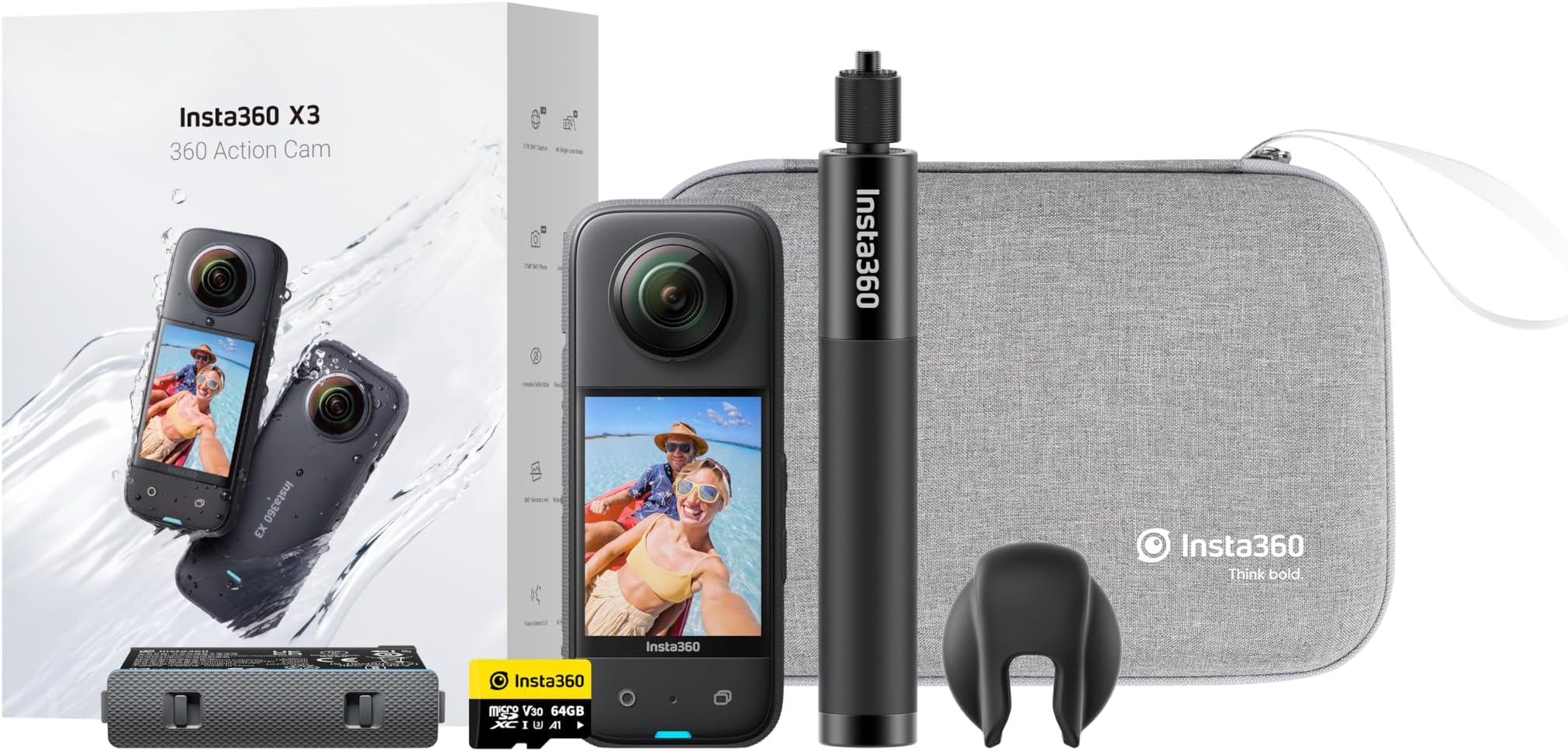 Insta360X3 360 Degree Action Camera STARTER Kit inc: Case + 70cm Invisible Selfie Stick + Extra Battery + Lens Cap + 64GB
