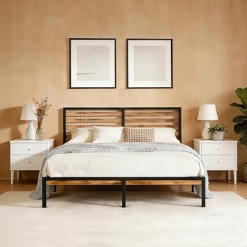 Full Size Bed Frame with Wood Headboard, Heavy Duty Metal Platform Bed with All Sturdy Metal Support, Under Bed Storage, Noise-Free Mattress Foundation, Easy Assembly Brown+Black, Full
