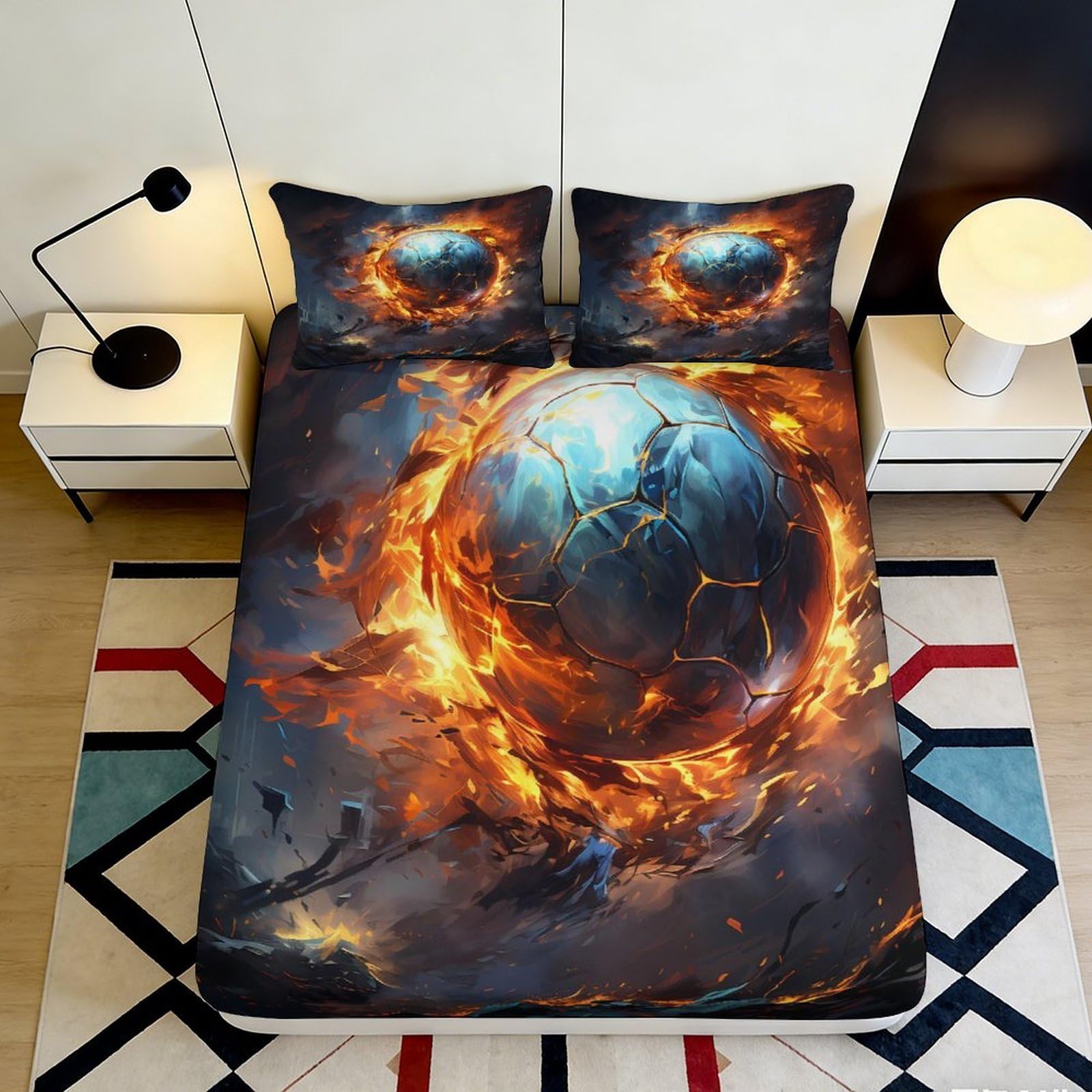 3D Printed Fire Soccer Fitted Sheet Microfiber Soft Anti-Slip Flame Ball Bed Cover for Bedroom Guest Room Mattress Protection Decor 90x200x25cm