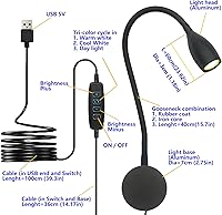 Vista 19 de Luz de lectura regulable con enchufe, para cabecero de noche, luz de lectura direccional de cuello de cisne, salida de 3 W