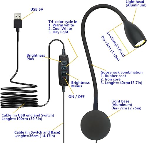 Vista 19 de Luz de lectura regulable con enchufe, para cabecero de noche, luz de lectura direccional de cuello de cisne, salida de 3 W