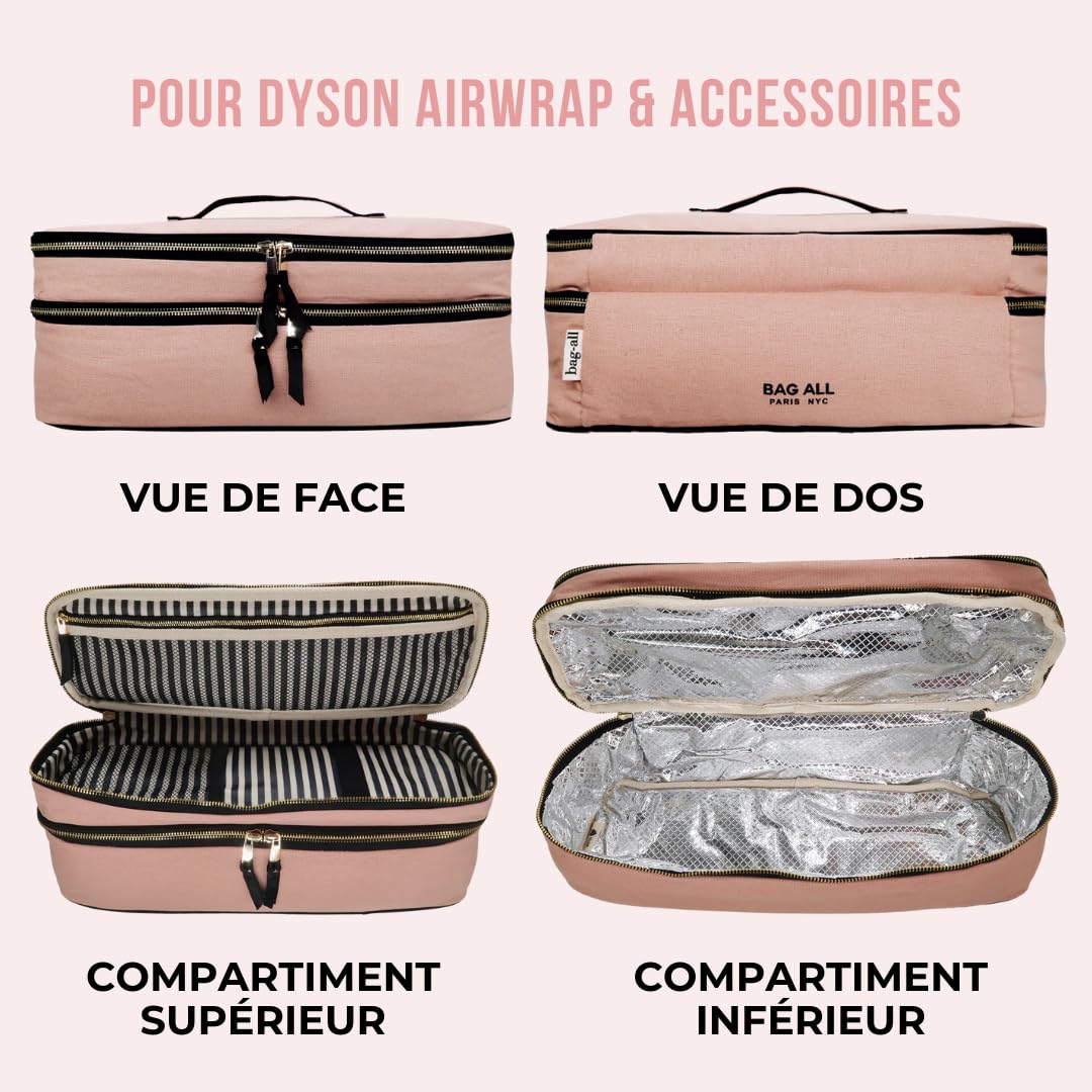 Bag-all Trousse Double pour Outils Cheveux | Étui Résistant à la Chaleur pour Lisseur & Fer à Boucler | Pochette Voyage pour Accessoires Cheveux | Housse Organisateur Femme | Rose Clair