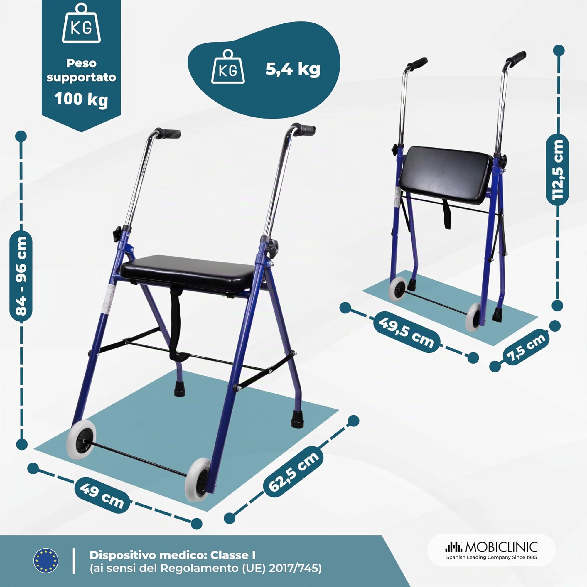 Mobiclinic®, Deambulatore per anziani, Emerita, Marchio europeo, Pieghevole, Regolabile, Acciaio, Maniglie ergonomiche, Leggero, 2 ruote, Adulti, Blu