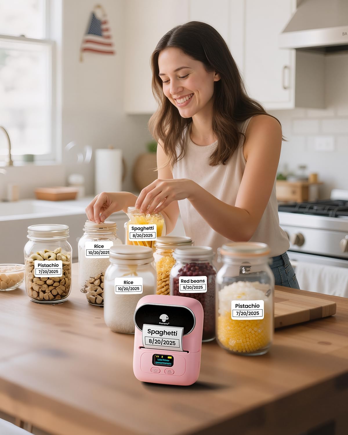 A woman smiling while using the Phomemo M110 printer to create labels for food storage jars, such as pistachio, rice, spaghetti, and red beans, with dates.