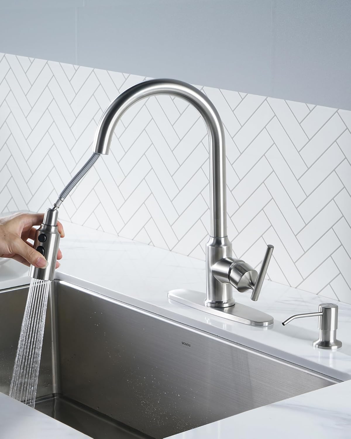 WOWOW Kitchen Faucet Head Replacement Brushed Nickel, 3 Function Pull Out Spray and Kitchen Faucets with Pull Down Sprayer, Brushed Nickel Kitchen Faucet with Sprayer