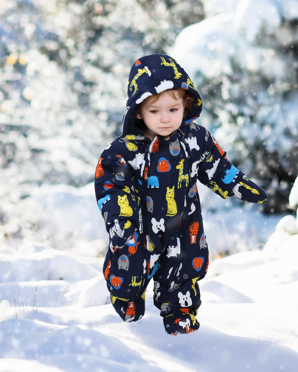 Bambino Tute da Neve Inverno Pagliaccetto Body con Cappuccio Infantile Jumpsuit Ragazza Ragazzi Tuta Footies con Guanti Spesso Tutine Neonato Maniche Lunghe per 3-24 Mesi
