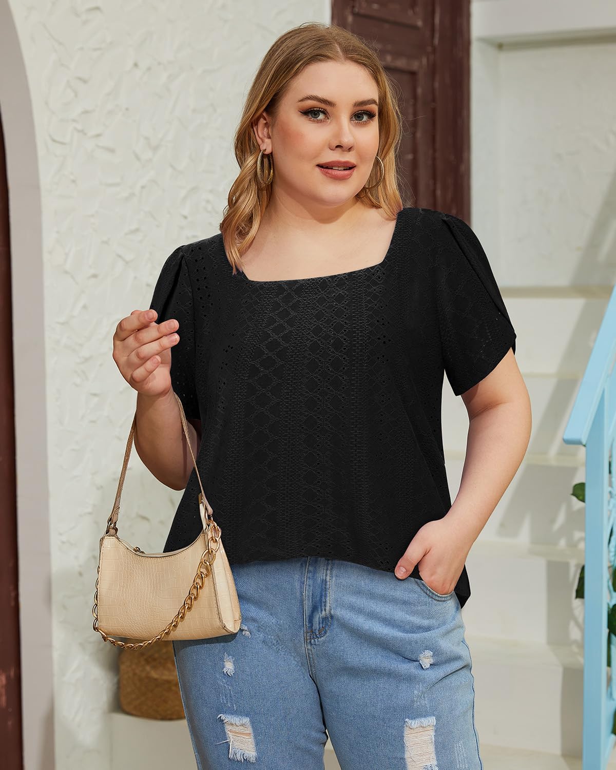 Siddhe Plus Size Tops for Women Petal Short Sleeve Square Neck Shirts Casual Trendy Blouses 2026 Spring Fashion XL-5XL - Image 2