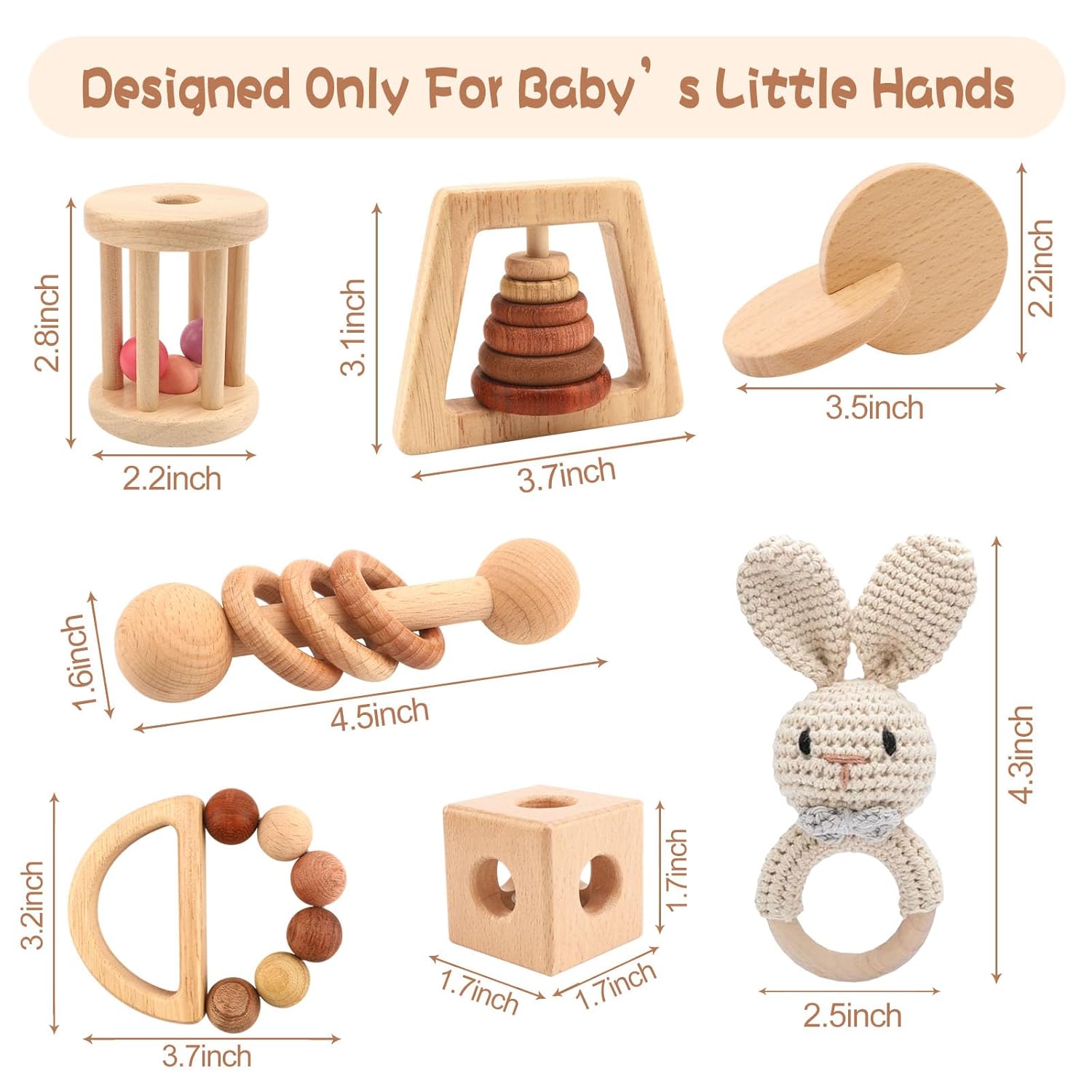 Wooden Baby Rattle, 7PCS Wooden Baby Toys for Babies 18-36 Months, Wood Montessori Toys with Crochet Rabbit Rattle for Infant Grasping, Gift for Baby Girls Boys - Image 6