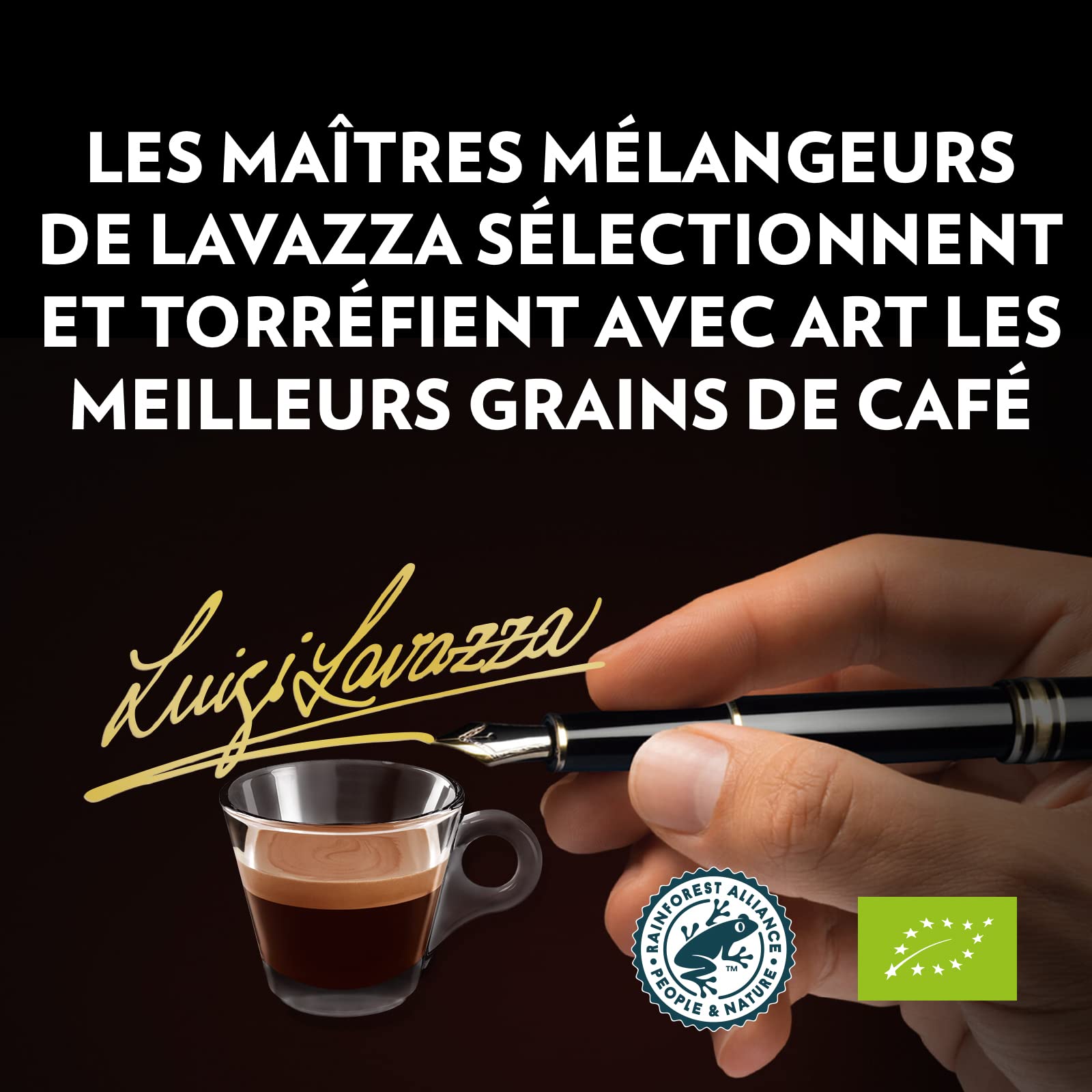 Lavazza, Espresso Maestro, Café En Grains, Avec Notes Aromatiques De Fruits Secs Et De Chocolat, 100% Biologique Et Certifié Rainforest Alliance, Intensité 9/10, Torréfaction Lente Et Douce, 1Kg