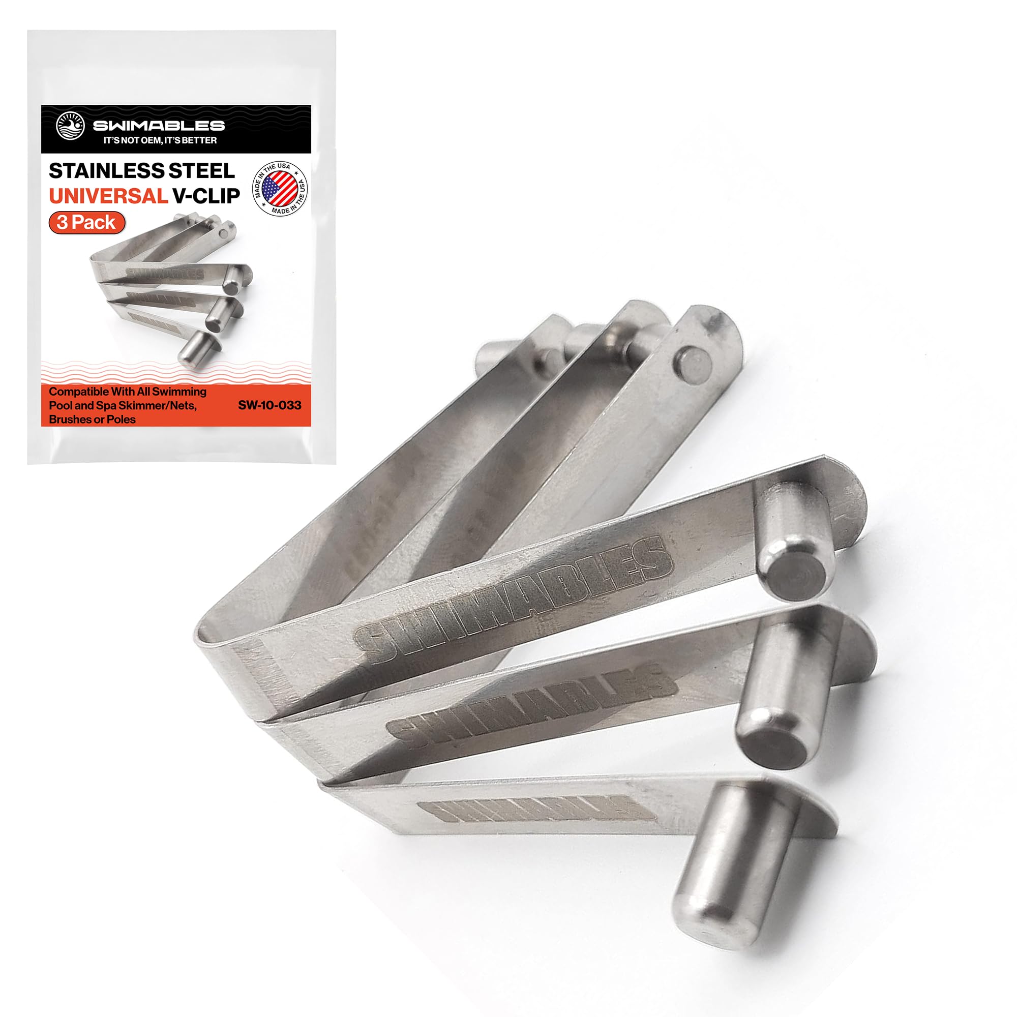 Swimables Stainless Steel Universal V-Clip for All Swimming Pool and Spa Skimmer/Nets, Brushes or Poles - Works for Above Ground or Inground Pools - 3 Pack