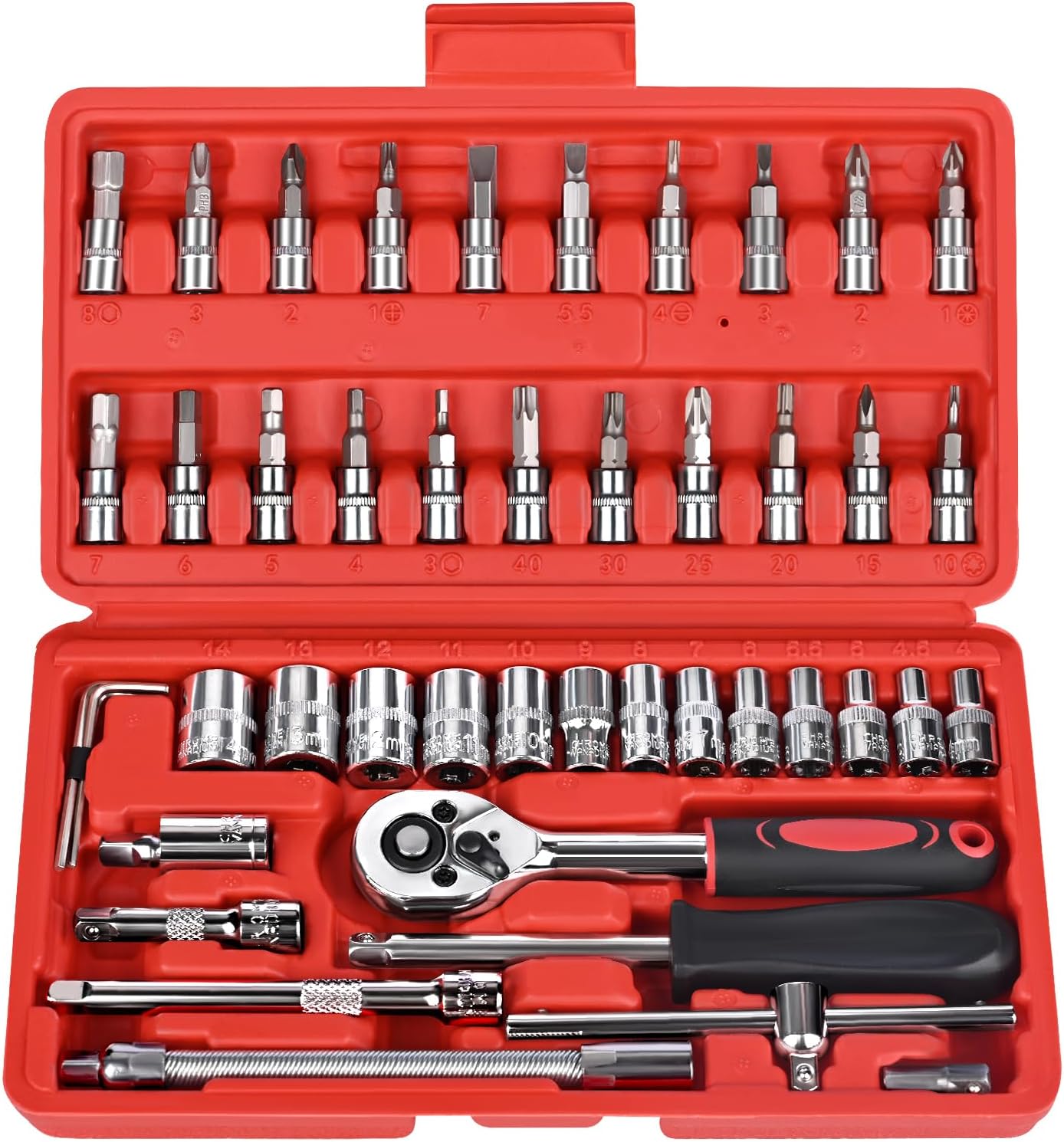 COYAGRIP 46-Piece 1/4 Inch Drive Socket Ratchet Wrench Set with Metric Sockets, Bits, Extensions & Case for Auto Repair & Home DIY