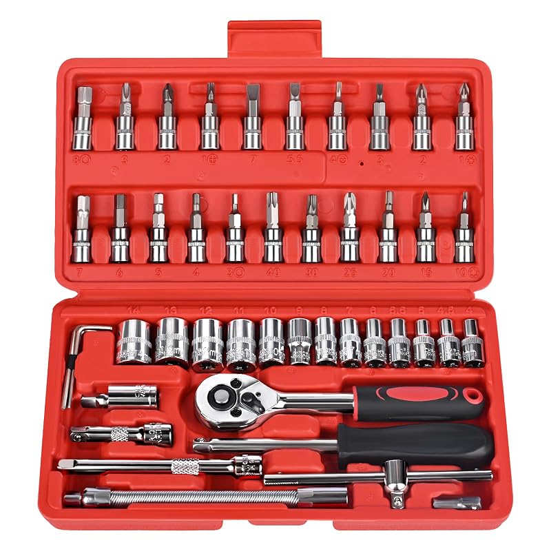 Jogo de Soquetes e Chave Catraca COYAGRIP com Encaixe de 6,35 mm, Soquetes Métricos, Bits, Extensões e Estojo, 46 peças