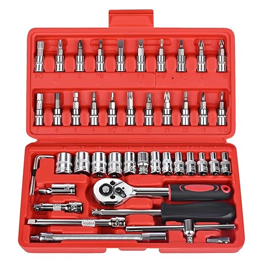 46PCS Socket Ratchet Wrench Set, 1/4 Inch Drive Small Tool Set with Screwdriver Bit Sockets Extension Bar and Storage Case, Metric Socket Set for Car Repair and Home Use