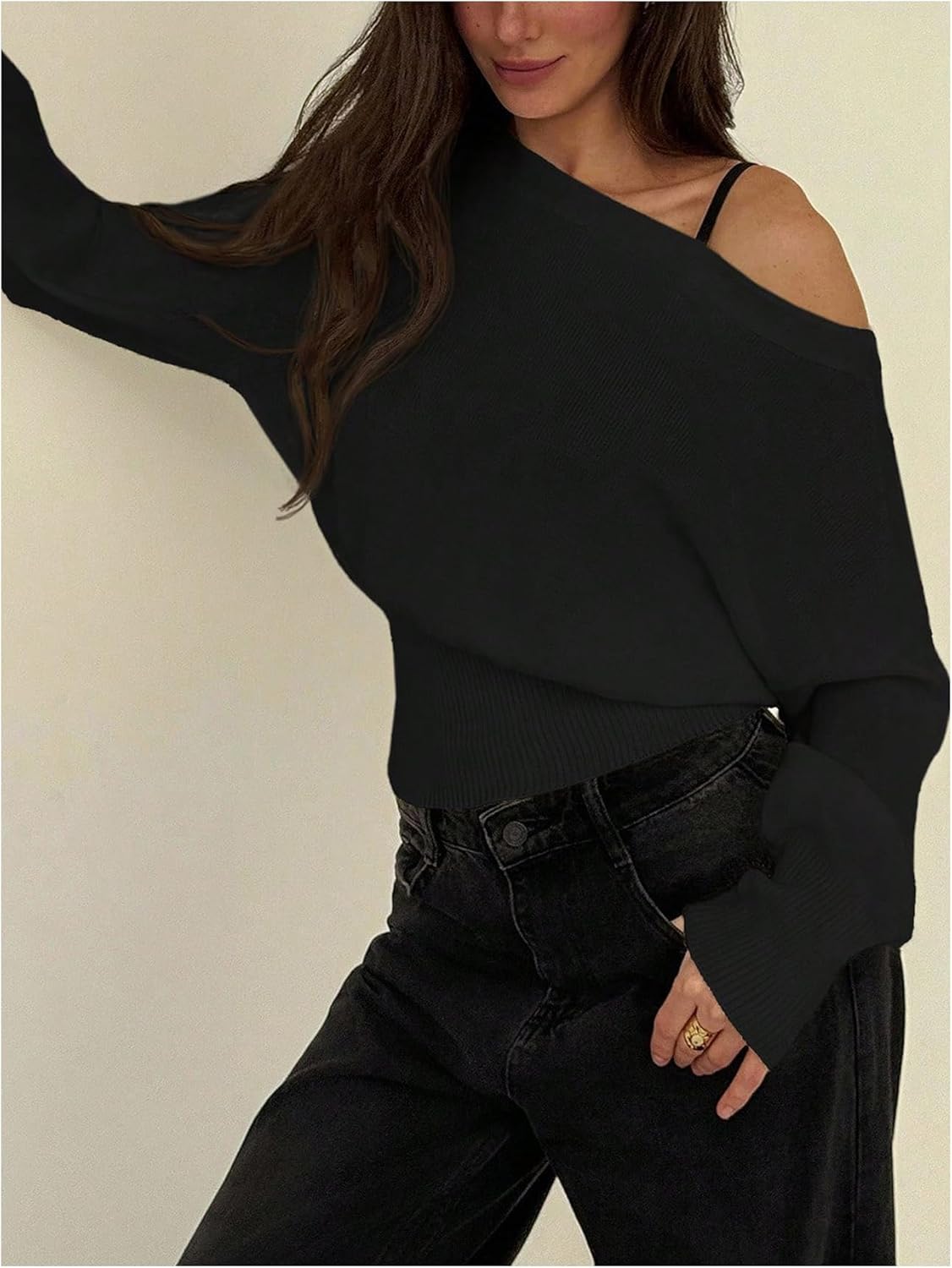 Women's Off The Shoulder Sweater Long Sleeve Knit Pullover Cinched Waist Tops Trendy Fall Outfits - Image 3