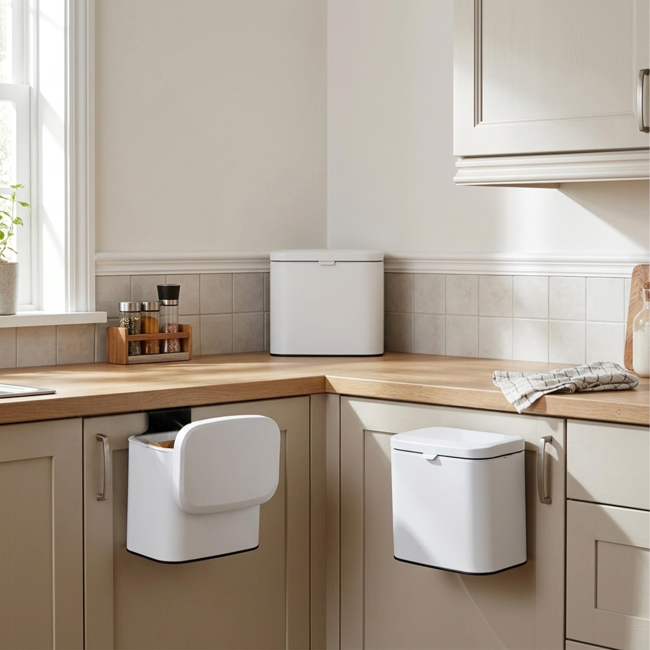 Relaxdays - Cestino da parete 4 l, da appendere o incollare, bianco | Con secchio interno, metallo, per cucina o bagno