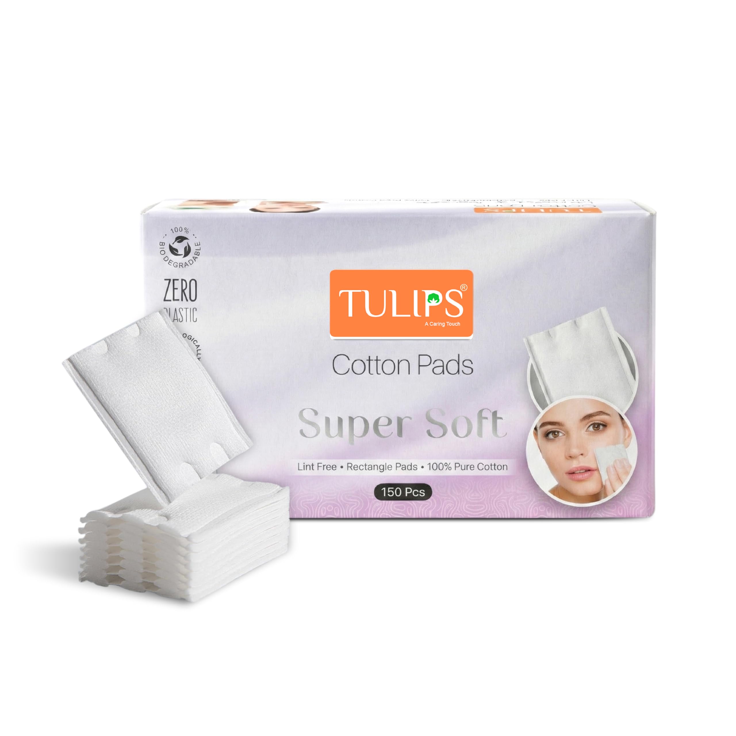 Tulips 150 Rectangle Facial Cotton Pads in a Box (Pack of 1); Made from 100% Pure Soft Cotton, Best for Applying & Removing Makeup, safe for sensitive Skin
