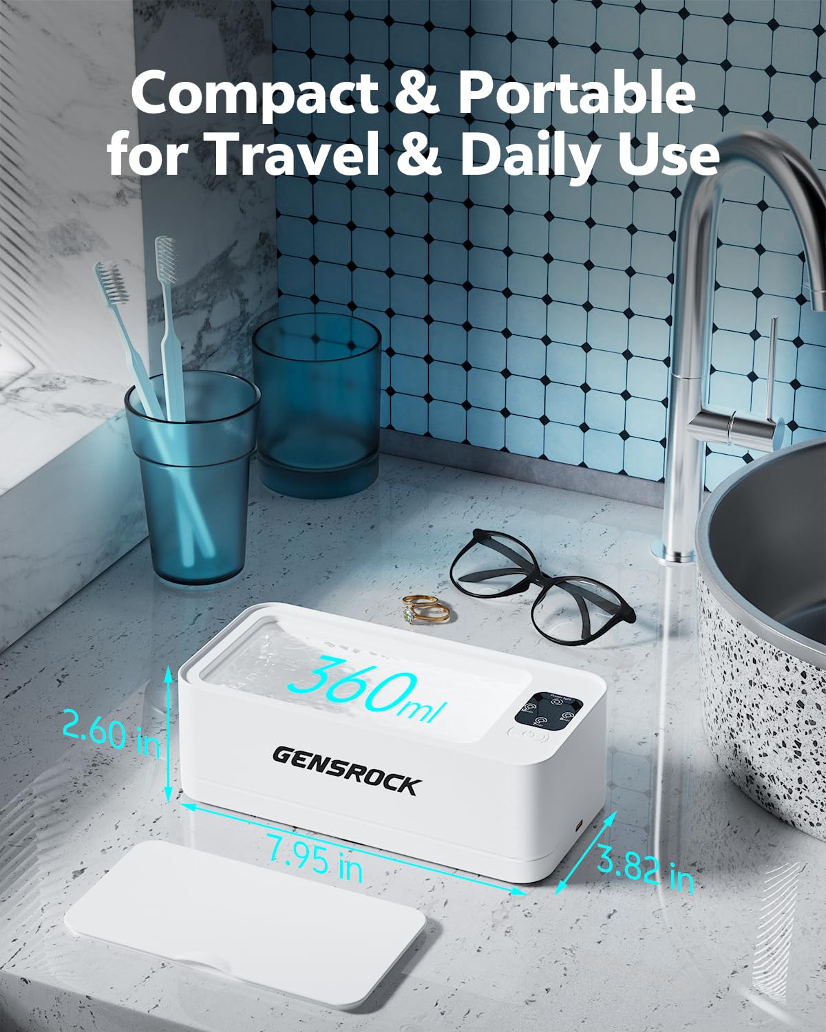 GENSROCK Ultrasonic Jewelry Cleaner, 48kHz Professional Silver Jewelry Cleaner & Diamond Ring Cleaner, 3 Modes, Scratch-Free 360ML Tank, Quiet Sonic Cleaner for Gold, Earrings, Glasses(White)