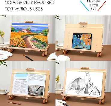 MEEDEN Large Drawing Board Easel, Solid Beech Wooden Tabletop H-Frame Adjustable Easel Artist Drawing & Sketching Board for Artists, Teens & Painters, Holds Canvas up to 23 high