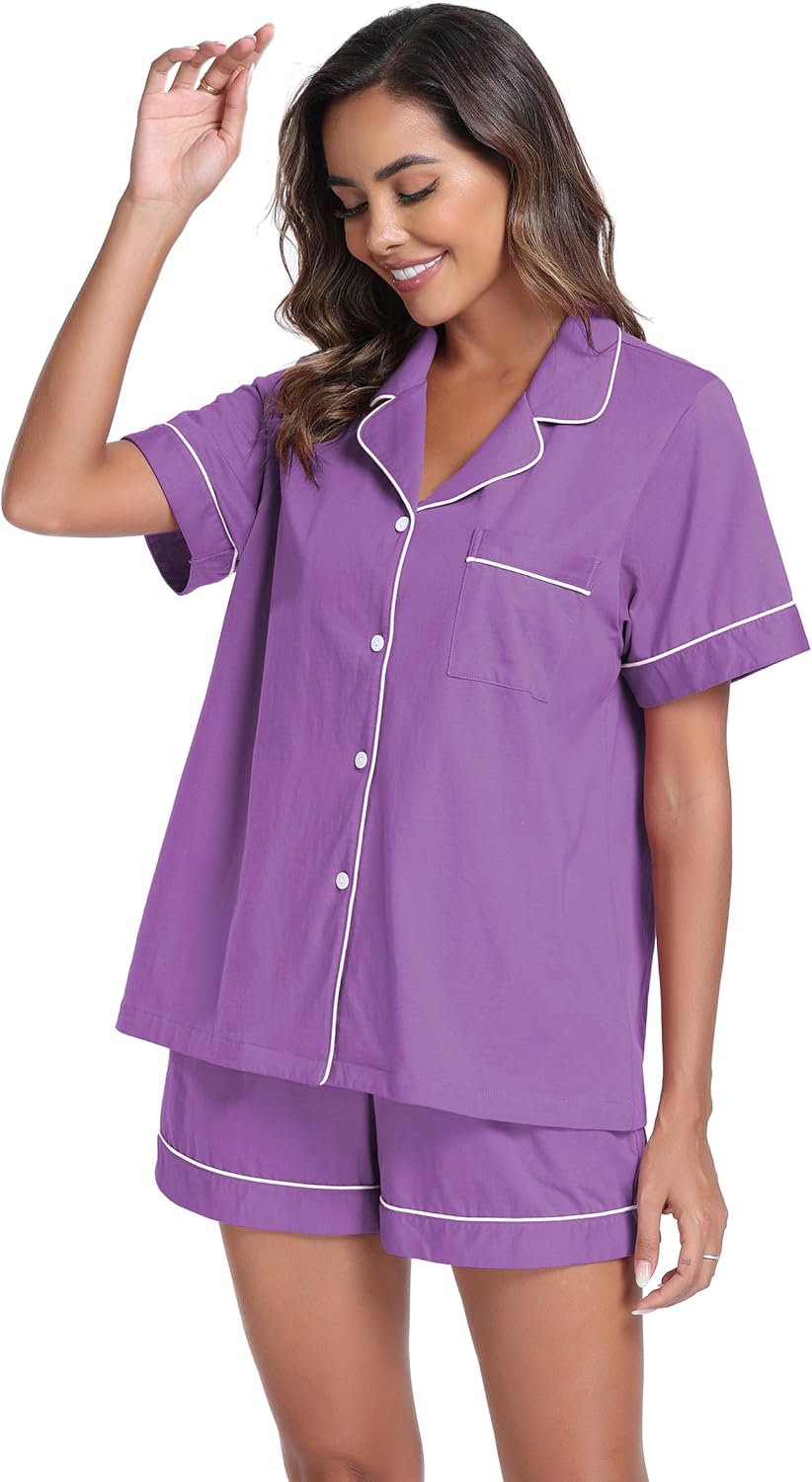 ANLIQI Womens Pajama Sets 100% Cotton Pajamas for Women Soft Short Sleeve Pj Sets Button Down Sleepwear Summer Pjs S-XXL - Image 4