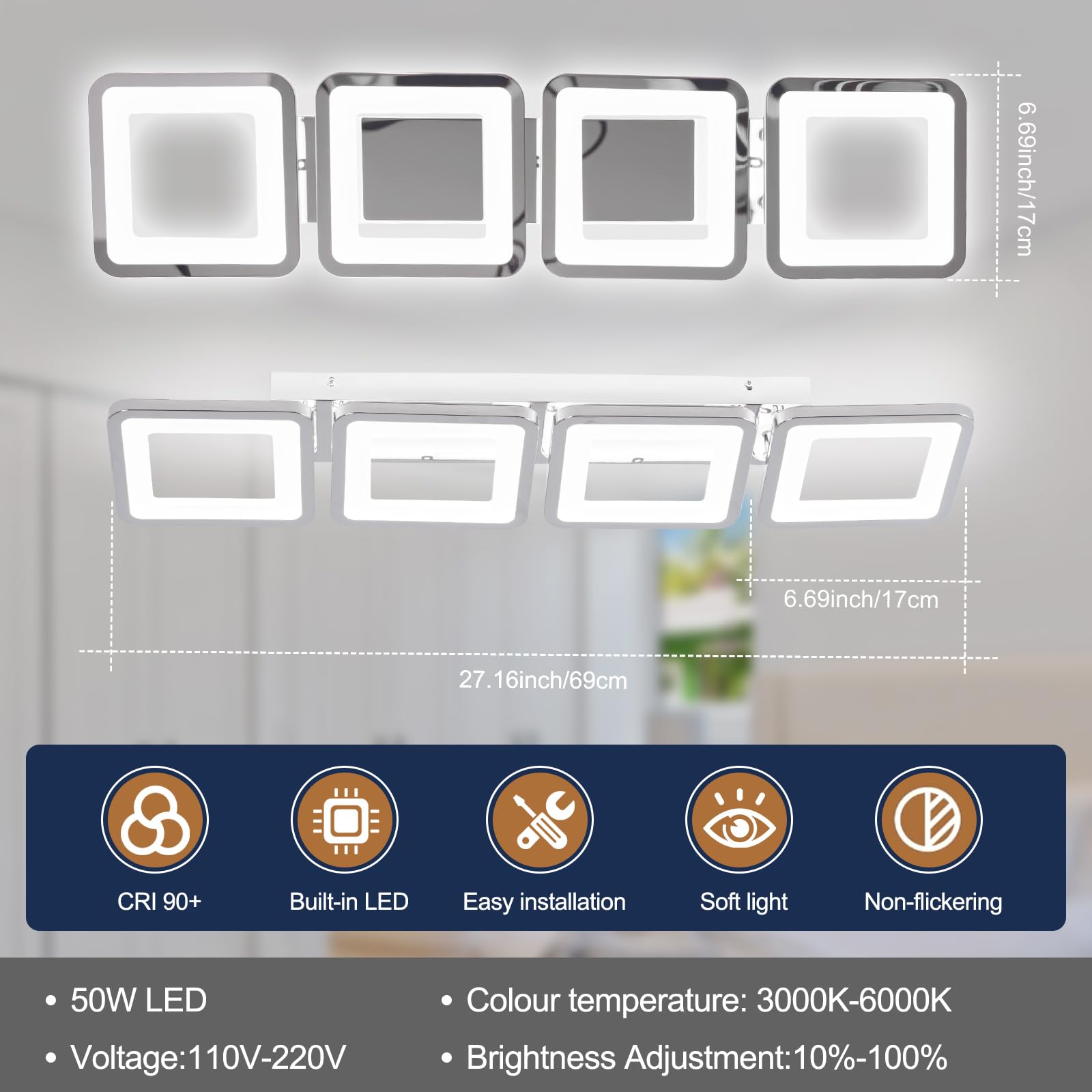 Nowoczesna lampa sufitowa LED, 69 cm, czarna, ściemnialna lampa sufitowa LED z pilotem, 4-kwadratowa srebrna lampa sufitowa do jadalni, sypialni, biura, kuchni, salonu, światła, 52 W