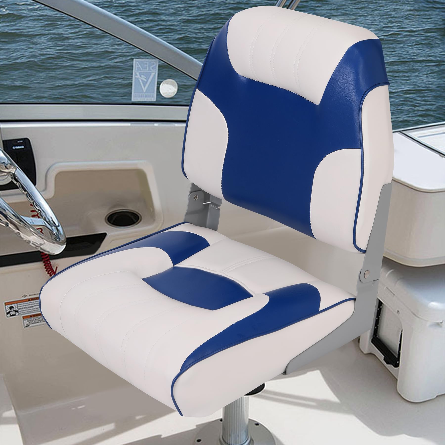 Garvee Sièges pliables bateau – Lot de 2, dossier bas, coussin épais, résistant intempéries, vis inox, parfaits pêche, croisière, speedboat – Coloris bleu royal et blanc
