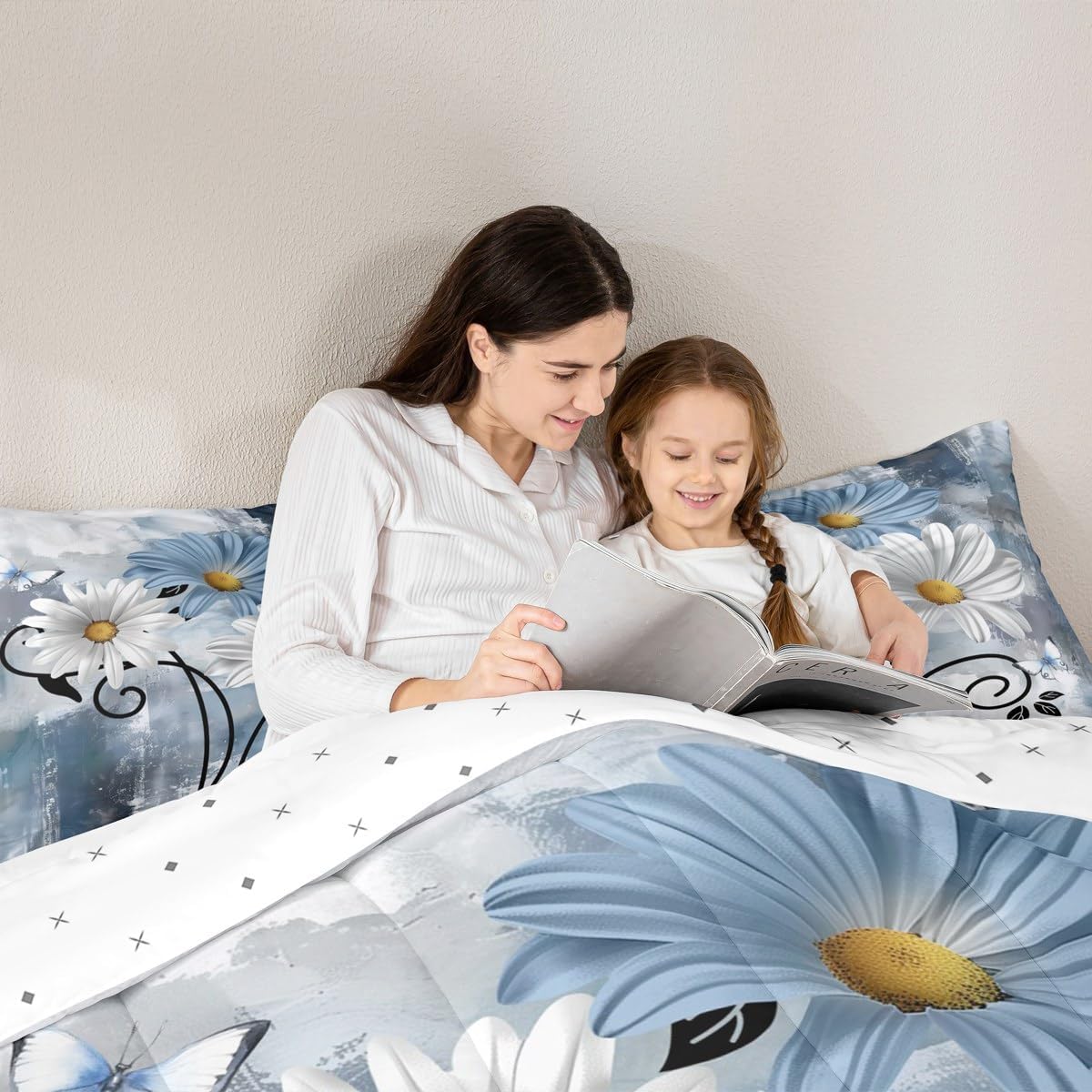 Teal Bedding Set Farmhouse Flower Comforter Set Rustic Farm Blue Floral Down Comforter Queen,Kids Adults Men Women Daisy Country Wooden Quilt Duvet for Oil Painting Room Decor,Blue Turquoise