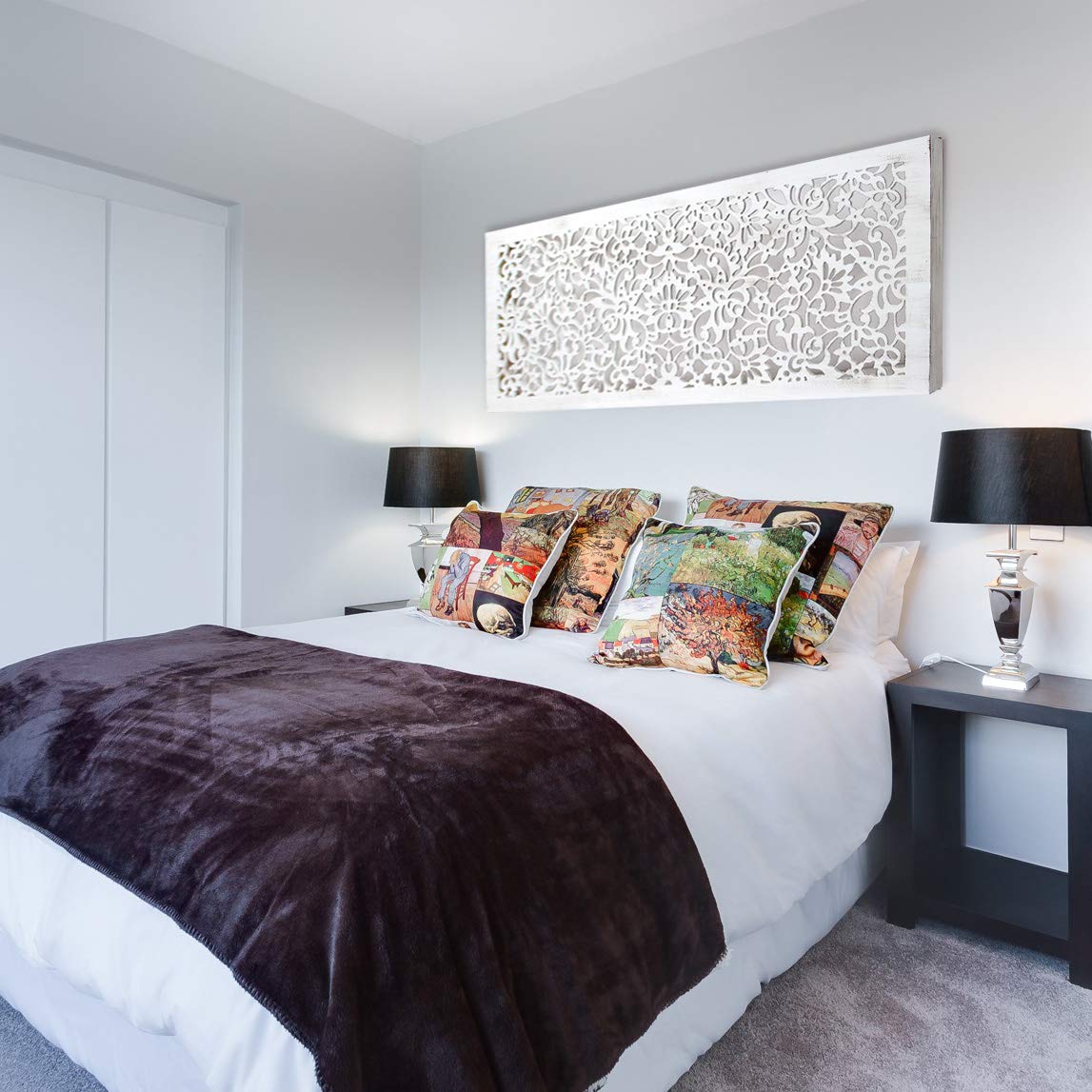 Cuadro Mandala de Pared Calada, Fabricado Artesanalmente en España - Decorado a Mano - Cuadro Decoración (60x120 cm, 154 blanco envejecido)